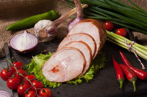 Boiled And Smoked Chicken Roll Decorated With Fresh Vegetables Stock Image Image Of Plate