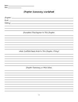 Generic Chapter Summary Worksheet For Novel Study By Kelly Lewis