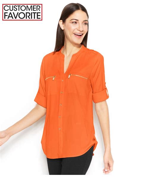 Calvin Klein Roll Tab Sleeve Zip Pocket Blouse Available In 16 Colors