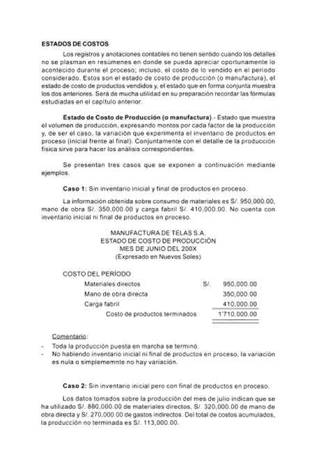 Estado DE Costos DE Produccion Contabilidad Gerencial Y De Costos