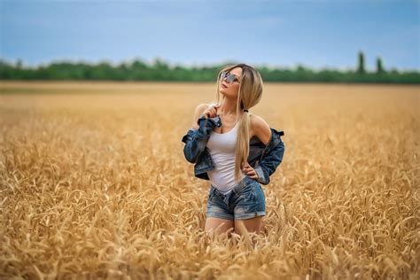 Fields Blonde Girl Bokeh Glasses Hands Jacket Shorts Singlet