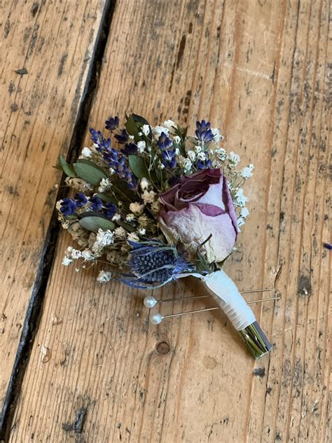 Dried Thistle And Rose Buttonhole Scottish Wedding Dried Dusky Pink