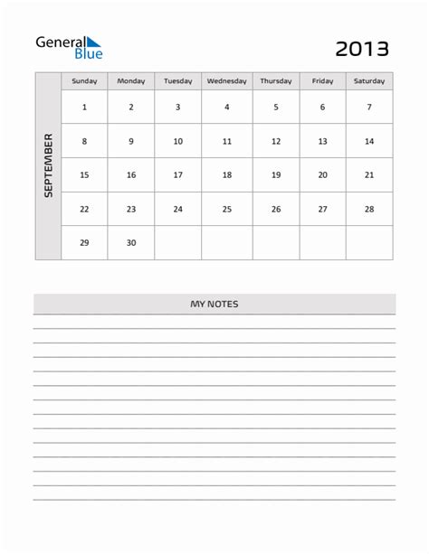 September 2013 Printable Monthly Calendar With Notes