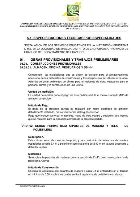 Especificaciones técnicas de un colegio emblemático Apuntes de