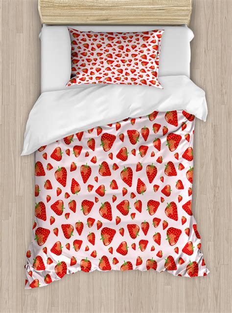 Strawberry Twin Size Duvet Cover Set Juicy Ripe Strawberries Pattern