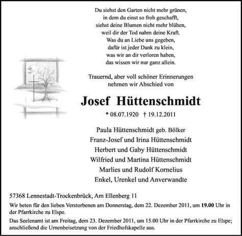 Trauer Und Todesanzeigen Von Josef H Ttenschmidt Trauer De