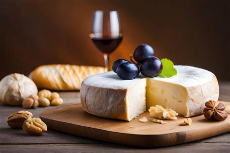 Premium AI Image | cheese and grapes on a cutting board with a glass of ...