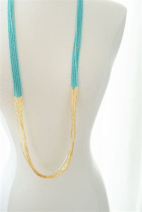 London Turquoise And Gold Seed Bead Necklace Seed Bead Jewelry Long Beaded Necklace Multi