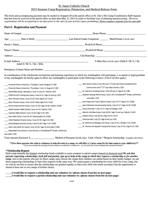 Summer Camp Registration Permission And Medical Release Form Printable Pdf Download