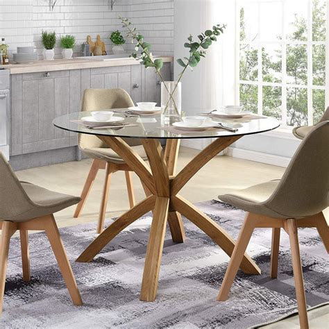 Lugano Round Glass Top Solid Oak Legs Dining Table Daal S