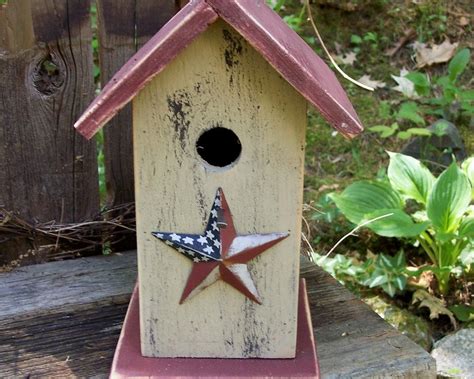 Primitive Birdhouse Fieldstone Burgundy Red White Blue Rusty