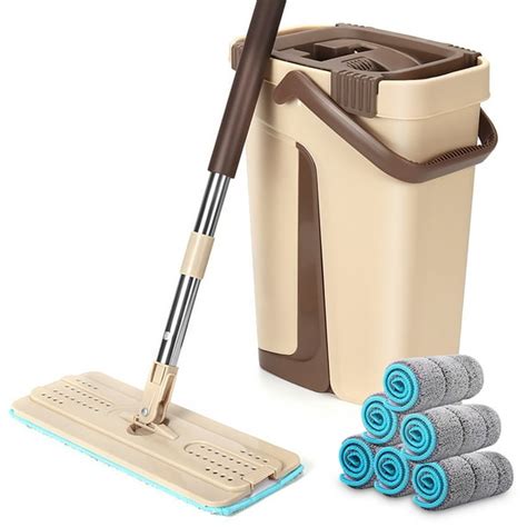 Self Wringing Mop Bucket Set Wet And Dry Cleaning Flat Floor Mop With 6pcs Microfiber Pads For