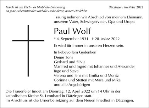 Traueranzeigen von Paul Wolf Kreiszeitung Böblinger Bote