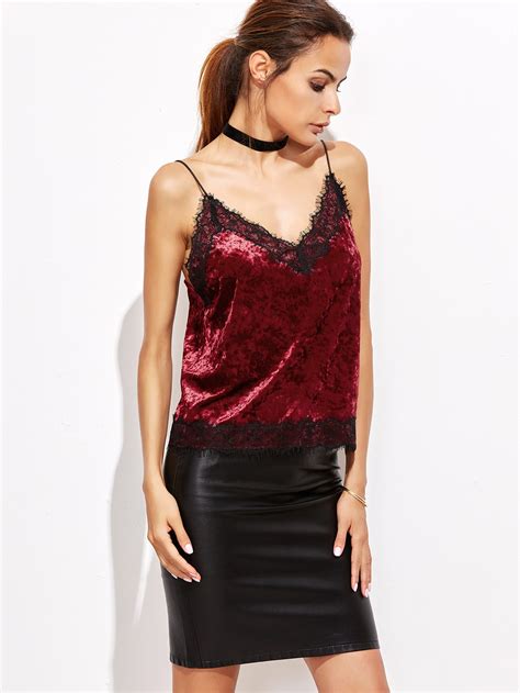 Burgundy Contrast Lace Trim Velvet Cami Topfor Women Romwe