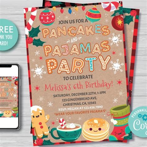 Editable Christmas Pancakes And Pajamas Party Invitation Etsy