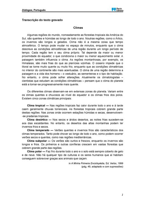 Transcrição do texto gravado e Soluções - Diálogos, Português Transcrição do texto gravado