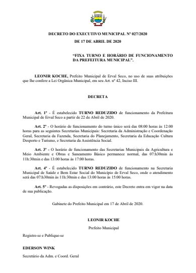 Decreto Do Executivo Municipal Nº 0272020 De 17 De Abril De 2020 “fixa