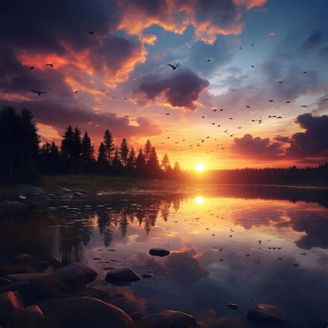 Premium AI Image Serene Sunset Over A Tranquil Lake