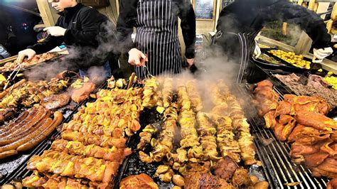 Street Food In Krakow Poland Huge Grill Kielbasa Sausages Pork