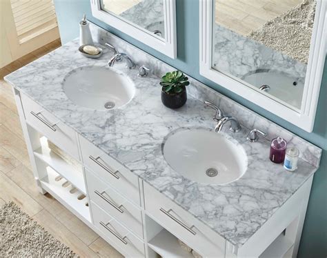 60" Double Sink Bathroom Vanity in White Finish with Carrara White ...