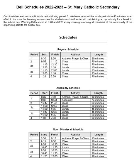 Bell Schedule St Mary Catholic Secondary School