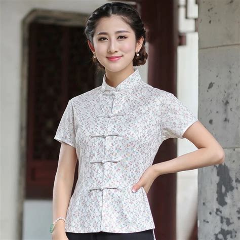 Vintage Ladies Cotton Lace Short Sleeve Shirt Chinese Womens Mandarin Collar Blouse Vintage