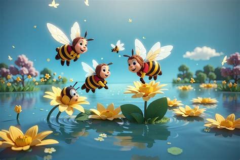 Premium Photo Cartoon Bees Flying Around A Flower In The Middle Of