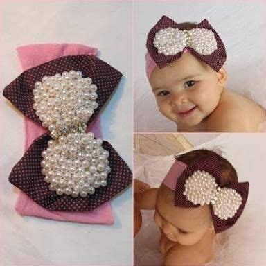 Three Pictures Of A Baby Girl Wearing A Headband With Pearls And Bows On It