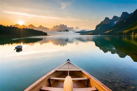 Ein Kanu Steht Auf Einem See Mit Bergen Im Hintergrund Premium Foto