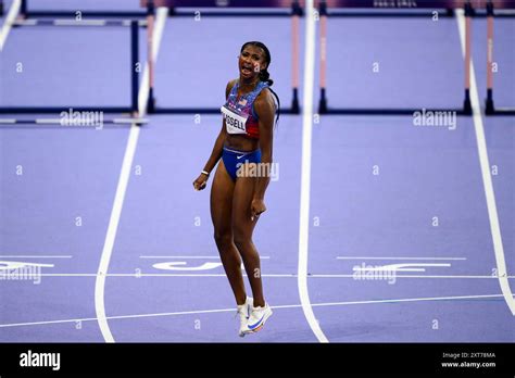 Masai Russell Of United States Of America Celebrates After Competing In