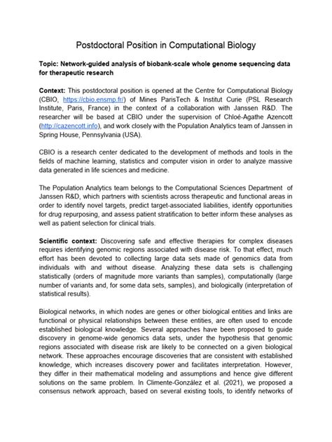 2021 Cbio Janssen Postdoctoral Position Pdf Genome Wide Association