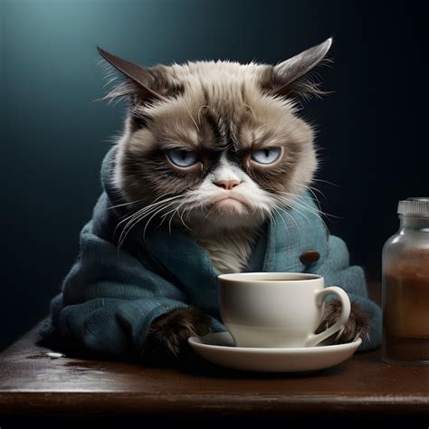 Grumpy Cat With Cup Of Coffee Premium Ai Generated Image