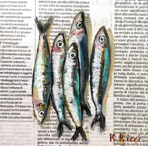 Sardine Fish Original Oil Painting Anchovies Newspaper Art Small