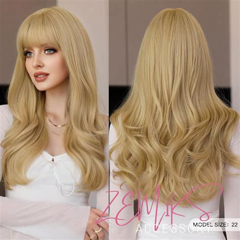 Wig Blonde Long Wigs For Women Wavy Synthetic Wig With Bangs Natural