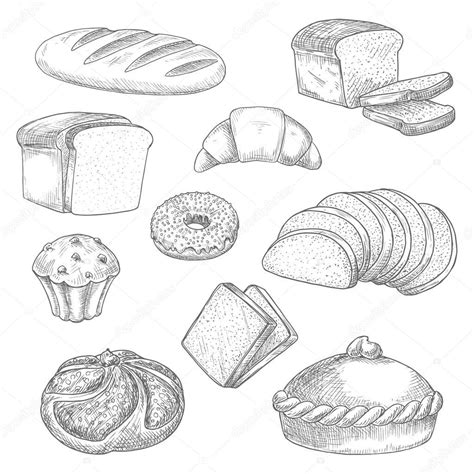 Pan De Panadería Boceto De Pastelería Iconos Vectoriales Aislados 2022