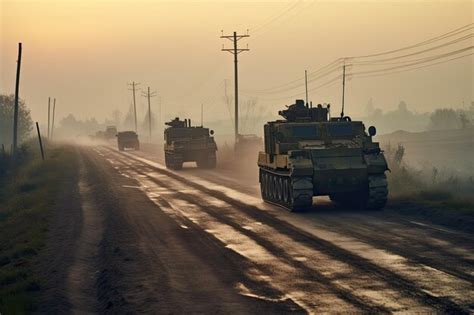 Premium AI Image A Convoy Of Tanks Driving Down A Dirt Road