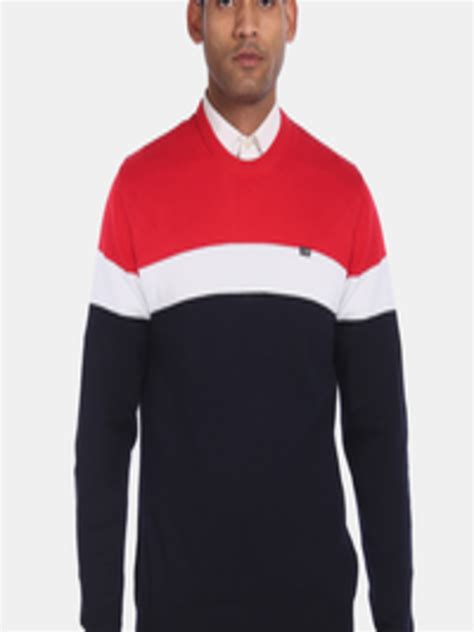 Buy Arrow Sport Men Navy Blue And Red Colourblocked Cotton Pullover