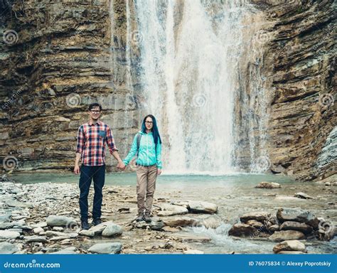 Loving Couple Near The Waterfall Stock Photo Image Of Young Male