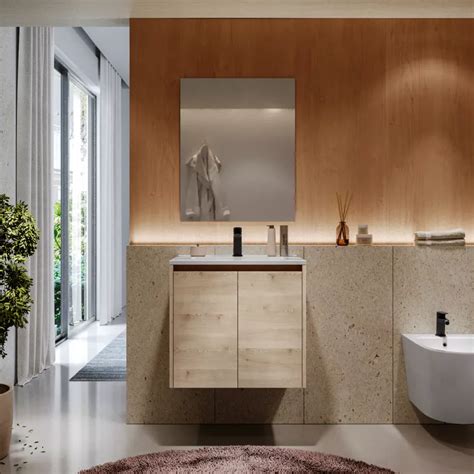 Mobile Bagno Sospeso 60 Cm Naturale Con Ante E Lavabo Con Specchio Medora