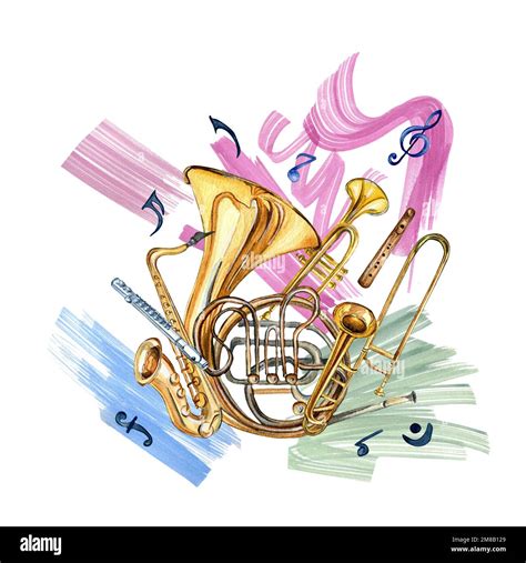 Wind Musical Instruments Symbols And Paint Stroke Watercolor