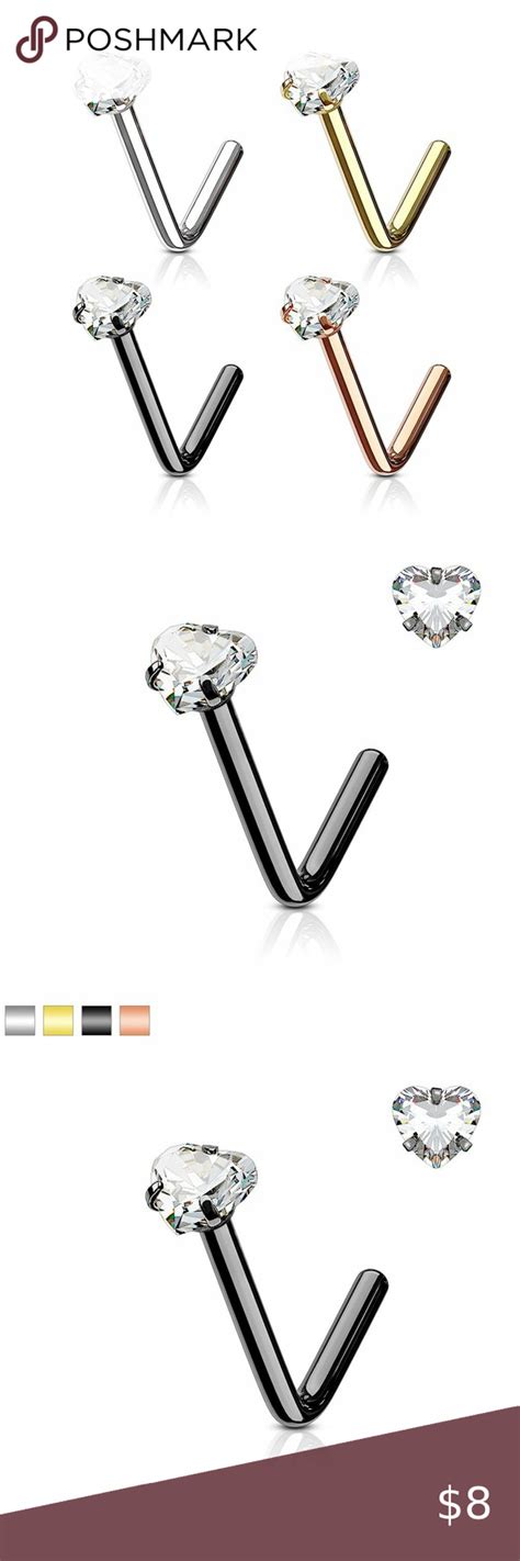 Heart Cz Prong Set L Surgical Steel L Bend Nose Stud Rings