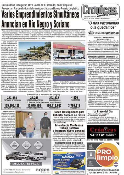 Diario Crónicas de Mercedes Soriano Uruguay tapa del 12 junio 2021