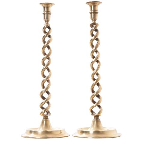 Pair Of Th Century English Open Barley Twist Brass Candlesticks At