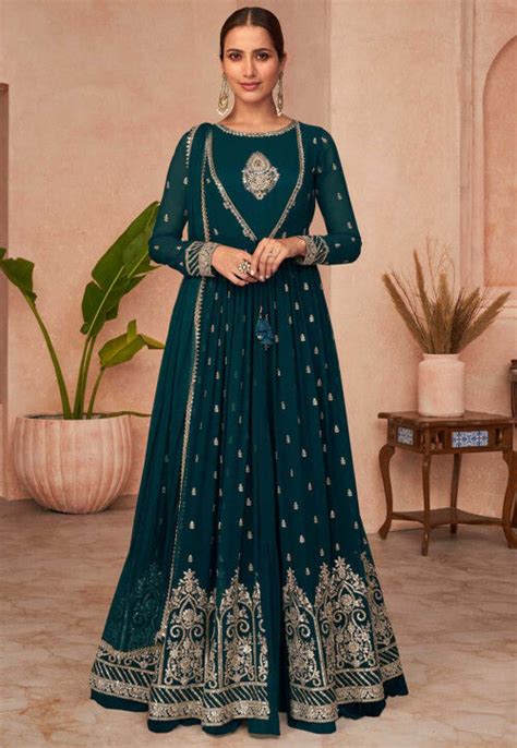 Buy Embroidered Georgette Front Slit Abaya Style Suit In Teal Blue