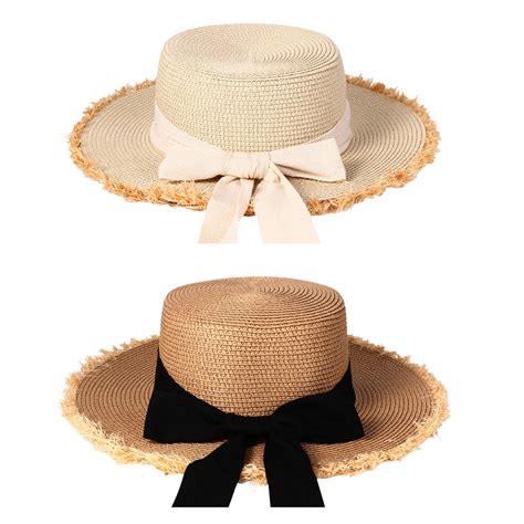 Womens Bow Knot Ribbon Raffia Brim Straw Hat Panama Fedora Summer