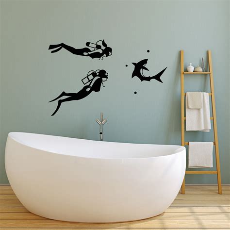 Vinyl Wall Decal Diving Scuba Diver Aqualunger Shark Stickers Ig