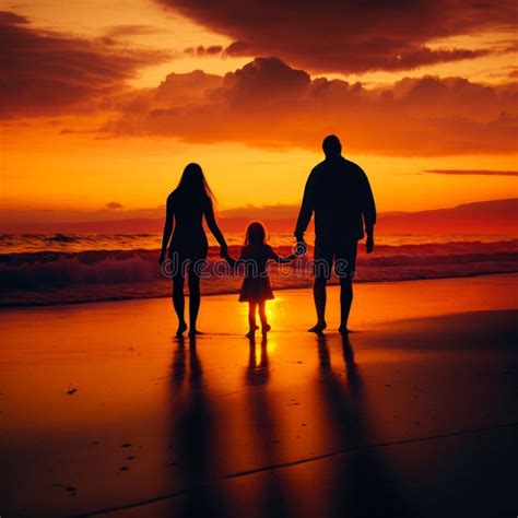 Silhouette of Family Standing on the Beach at Sunset. Generative AI Stock Illustration ...