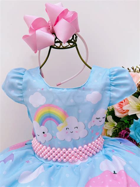 Vestido Infantil Azul Chuva De Amor Benção Nuvem C Pérolas Rosa