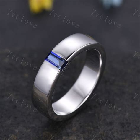 Mens Blue Sapphire Wedding Band Baguette Cut Sapphire Band 5mm Solid