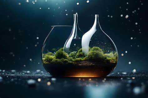 Premium Ai Image A Bottle Of Liquid Is In A Glass Bowl With A Green